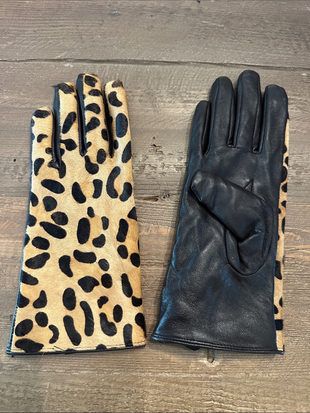 NWOT Etcetera Leopard-Print and Brown Leather Women's Gloves
